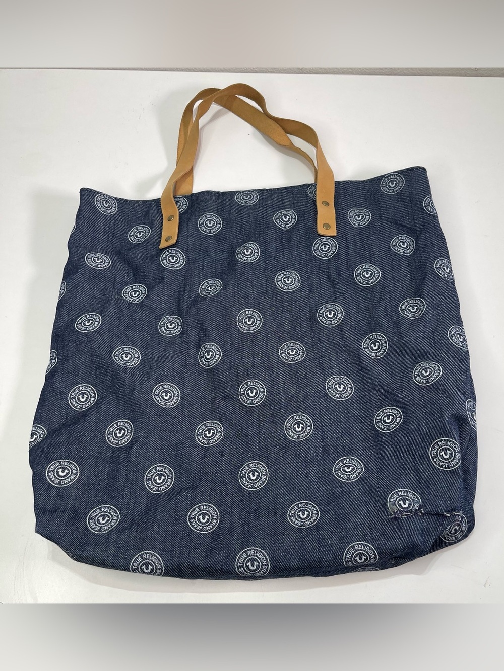 True Religion Tote Bag All Over Button Logo Blue Denim